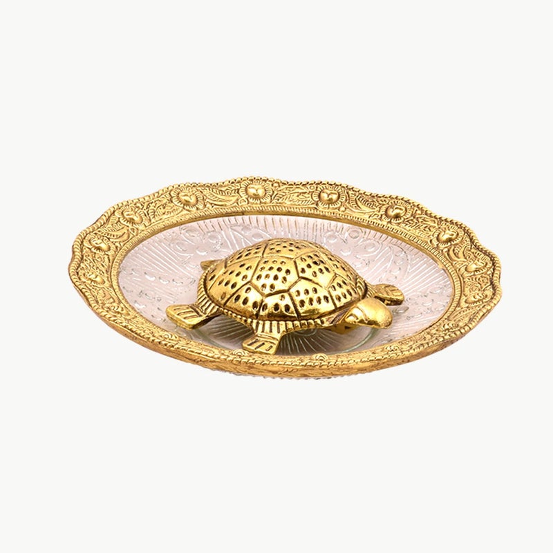 XL Kitchen Polyresin Feng Shui Tortoise On Plate Showpiece Golden Diameter 55 Inch - Image 2