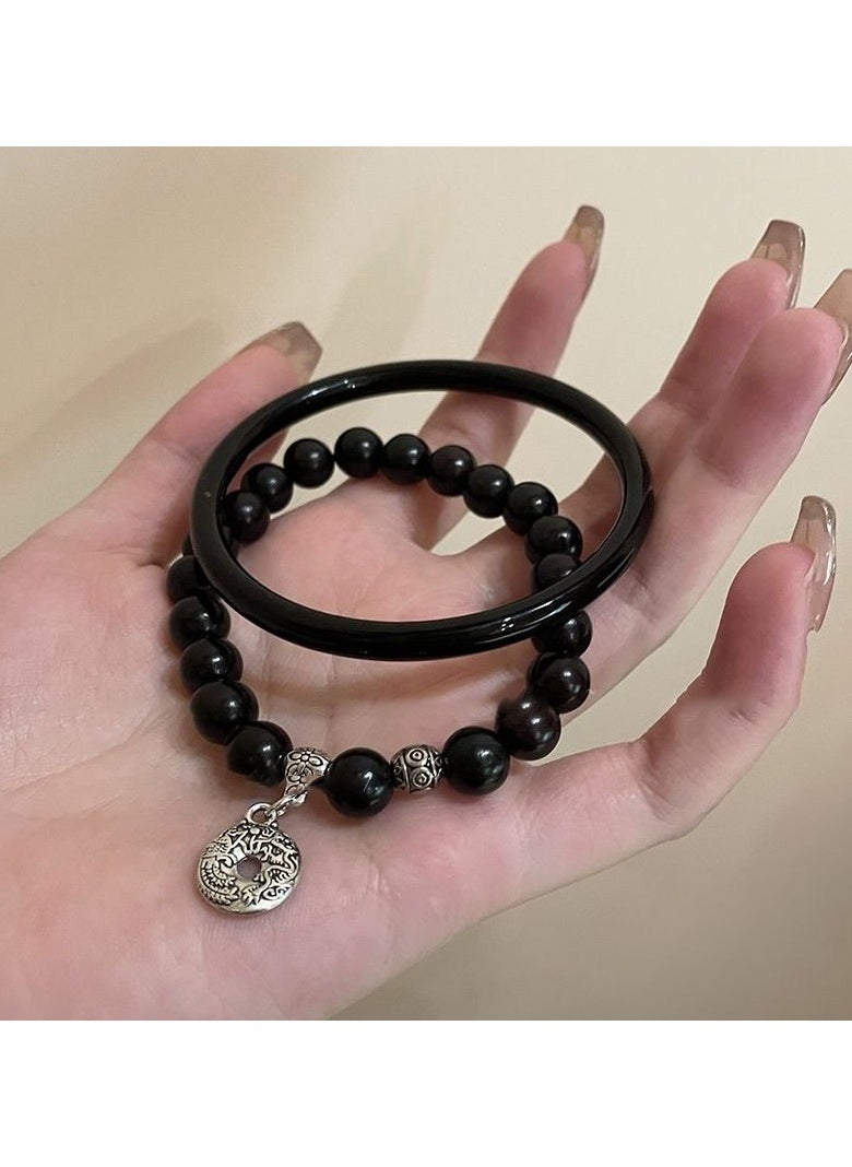 Generic - Black Beaded Bangle Bracelet Set of 2 - Image 1