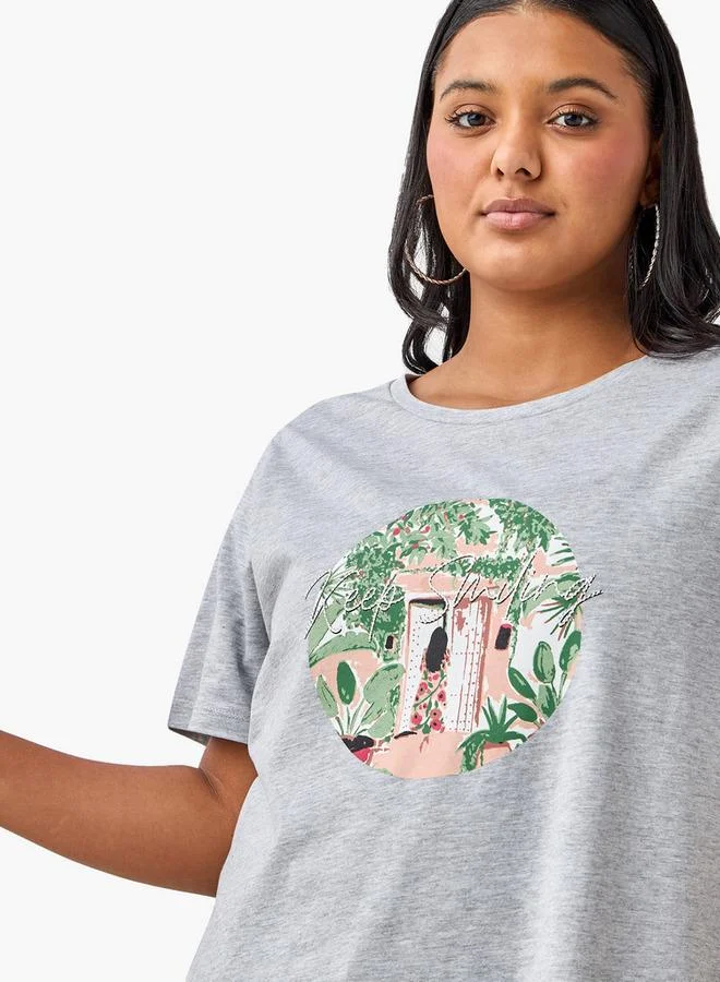 Ulla Popken Plus Size Ulla Popken Graphic Print Round Neck T-shirt with Short Sleeves