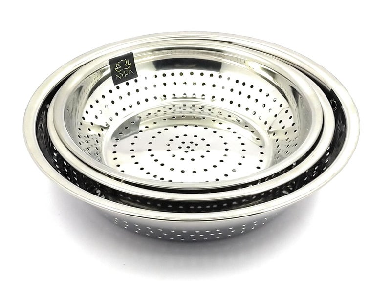 NYRA® Stainless Steel Poha Chalni/Strainer Colander/Vegetable Strainer for Kitchen Used for draining Out Liquid from Pasta, Canned Fruits, Vegetables, Boiled Rice, Noodles etc (Set of 3) - Image 1