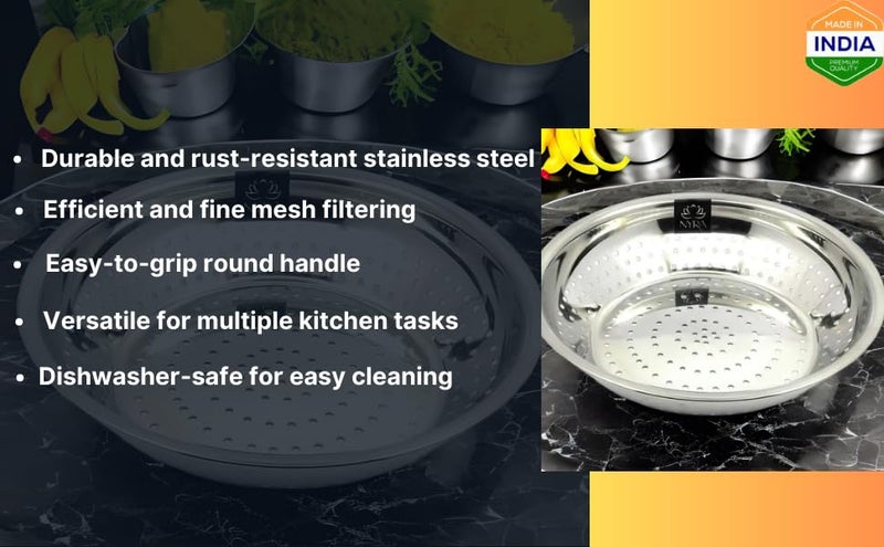 NYRA® Stainless Steel Poha Chalni/Strainer Colander/Vegetable Strainer for Kitchen Used for draining Out Liquid from Pasta, Canned Fruits, Vegetables, Boiled Rice, Noodles etc (Set of 3) - Image 3