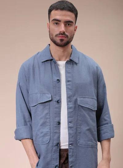 شركة المرآب الهندية Men Regular Fit Solid Full Sleeves Cutaway Collar Double Flap Pocket Resort Wear Over Shirt