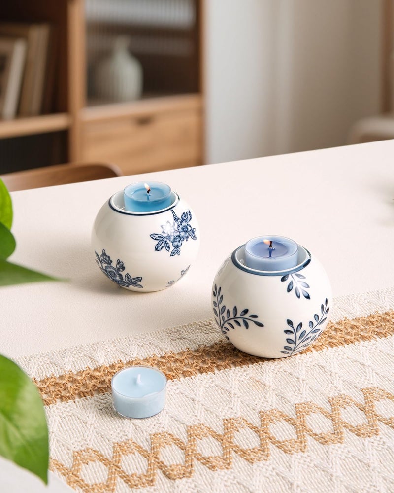 Magclay Ceramic Tealight Candle Holder, Chinoiserie Candlestick Holder for Taper Candle, Blue and White Decor, Flowers and Branches - Image 4