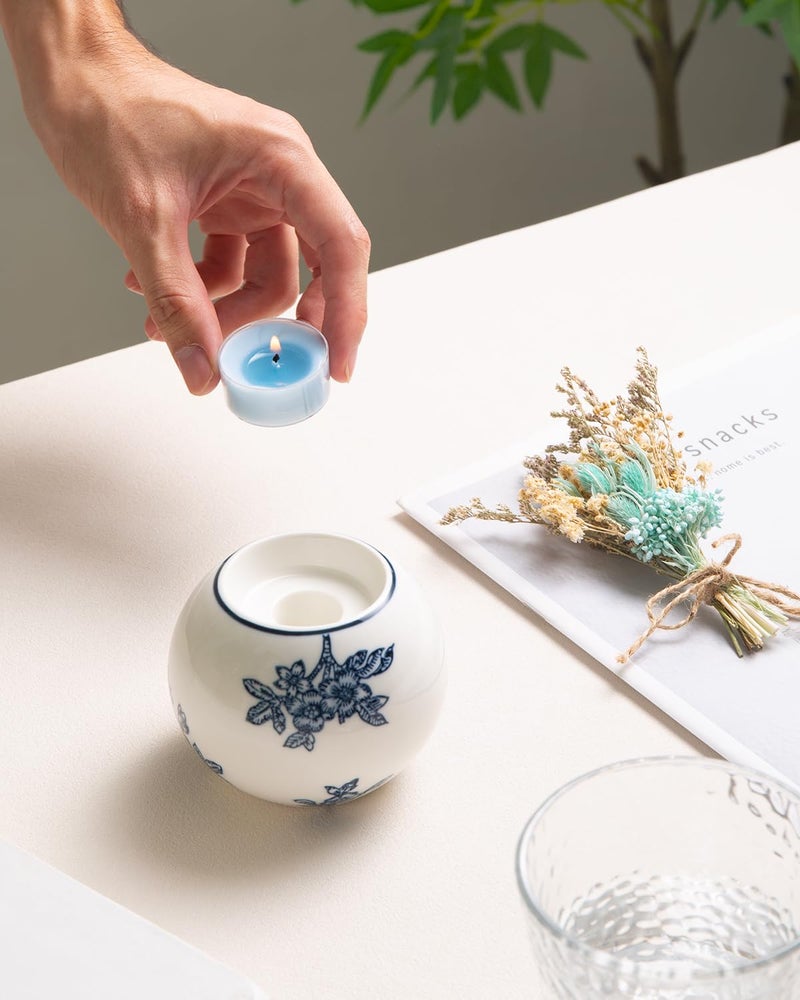 Magclay Ceramic Tealight Candle Holder, Chinoiserie Candlestick Holder for Taper Candle, Blue and White Decor, Flowers and Branches - Image 3