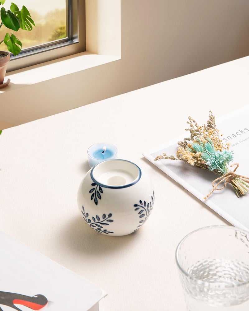 Magclay Ceramic Tealight Candle Holder, Chinoiserie Candlestick Holder for Taper Candle, Blue and White Decor, Flowers and Branches - Image 5