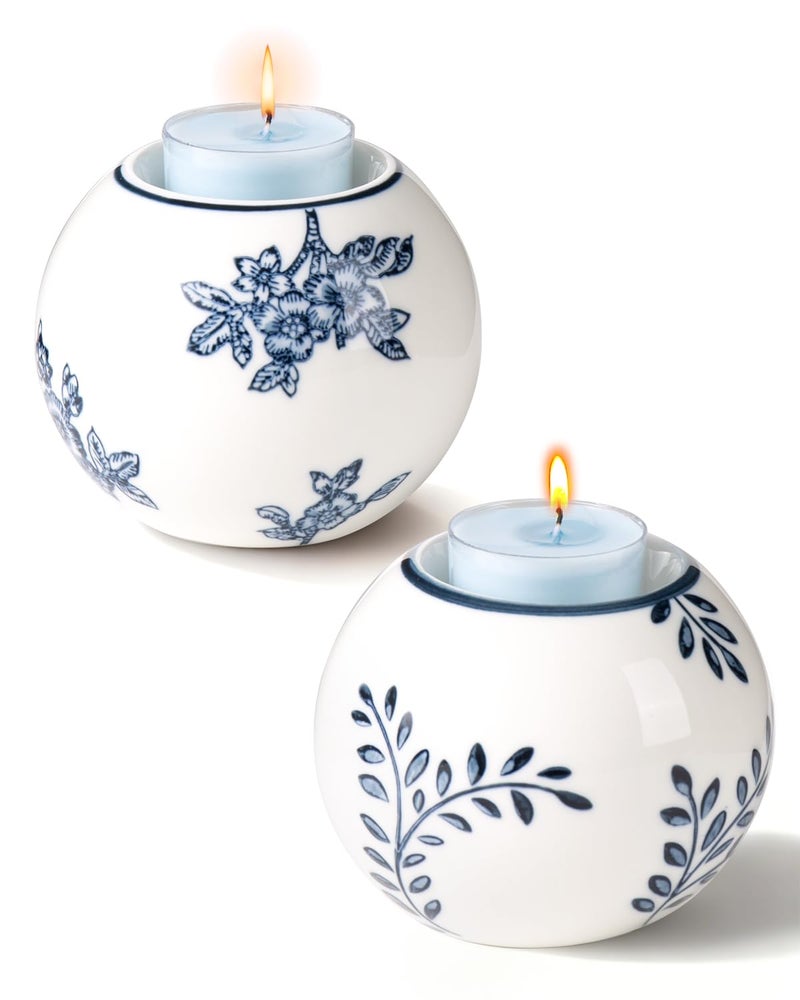 Magclay Ceramic Tealight Candle Holder, Chinoiserie Candlestick Holder for Taper Candle, Blue and White Decor, Flowers and Branches - Image 1