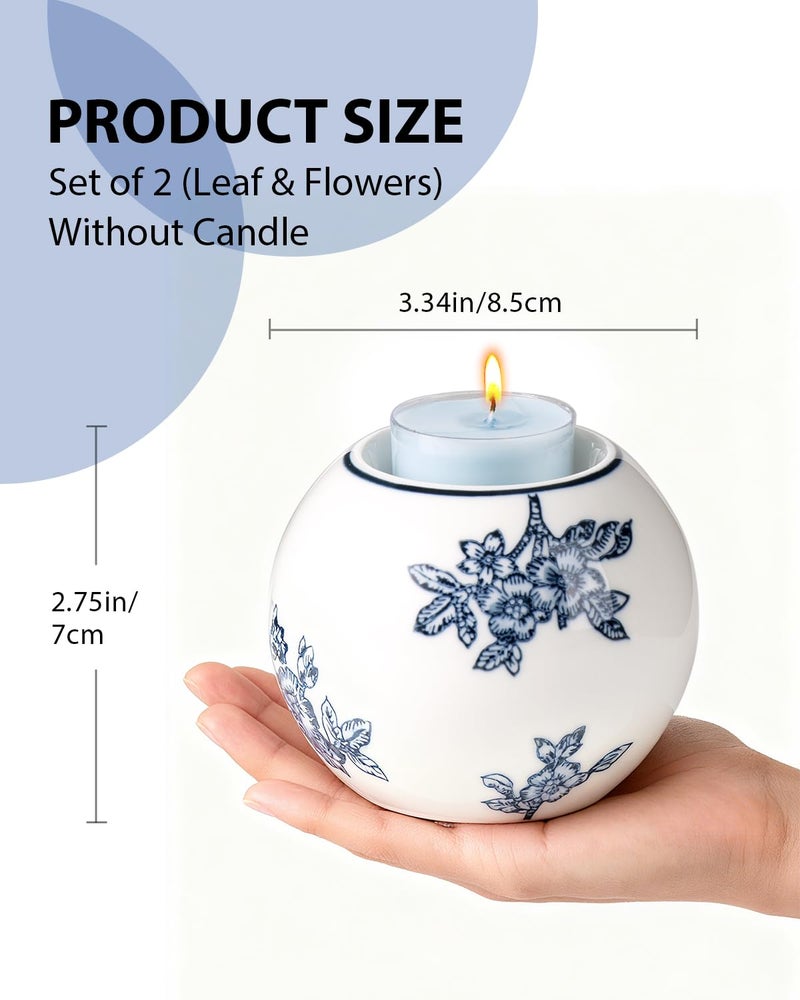 Magclay Ceramic Tealight Candle Holder, Chinoiserie Candlestick Holder for Taper Candle, Blue and White Decor, Flowers and Branches - Image 2