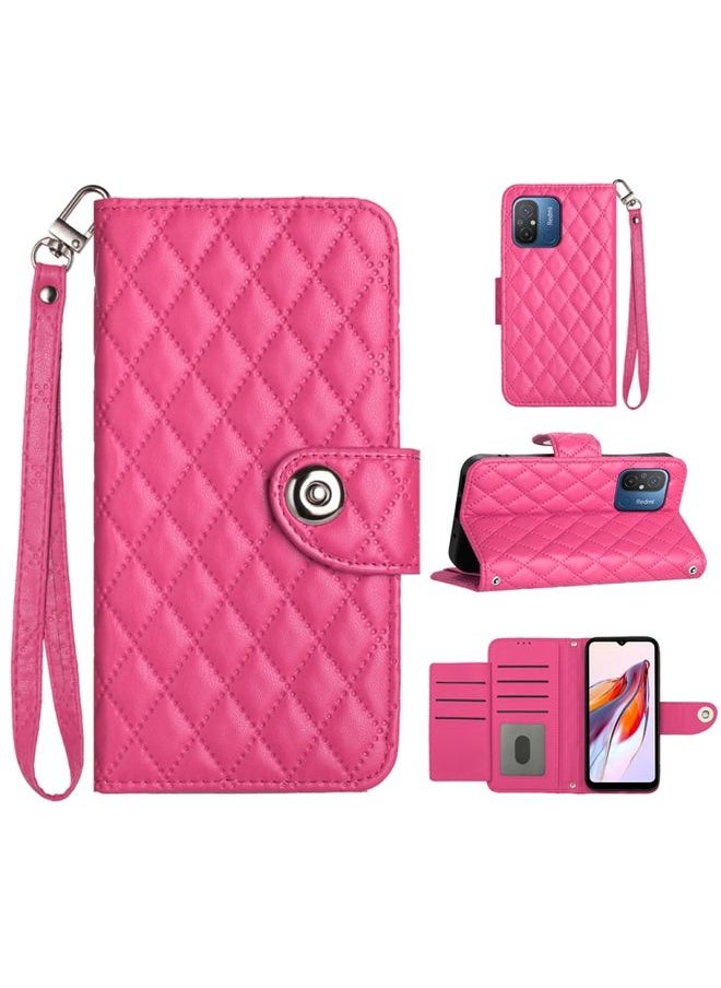 HuHa Case Cover For Xiaomi Redmi 12C / 11A / Poco C55 Rhombic Texture Flip Leather Phone Case with Lanyard Rose Red 