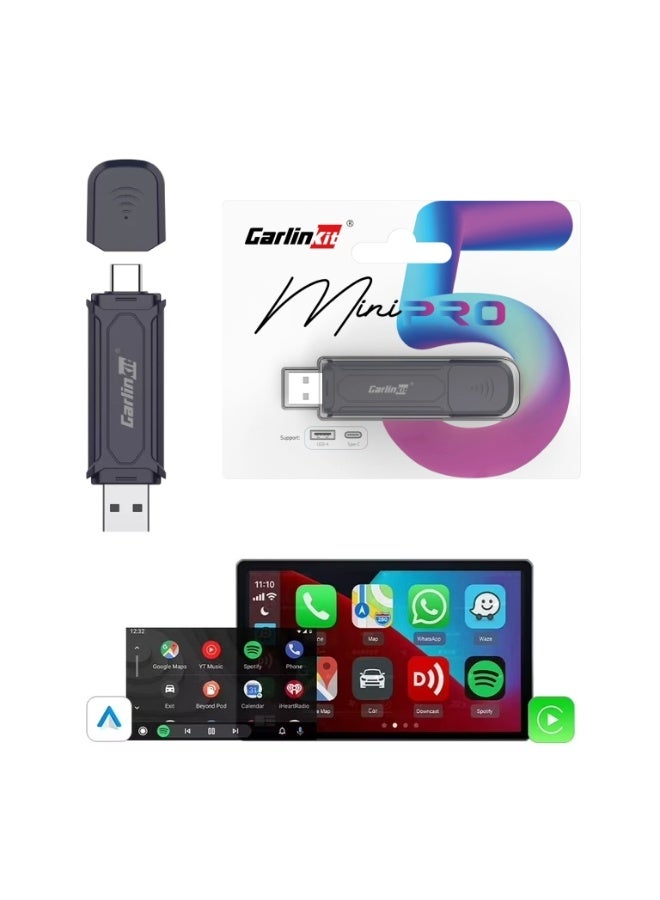 Carlinkit Mini 5 Pro Stick, Wireless Carplay Adapter, For Cars With Built-in Apple Car Play, Convert Wired to Wireless CarPlay, USB-A & USB-C Dual Ports, WiFi Bluetooth Auto Connection OTA Upgrade - Image 1