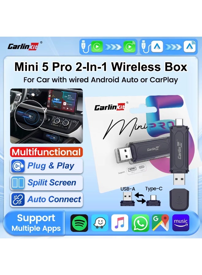Carlinkit Mini 5 Pro Stick, Wireless Carplay Adapter, For Cars With Built-in Apple Car Play, Convert Wired to Wireless CarPlay, USB-A & USB-C Dual Ports, WiFi Bluetooth Auto Connection OTA Upgrade - Image 3