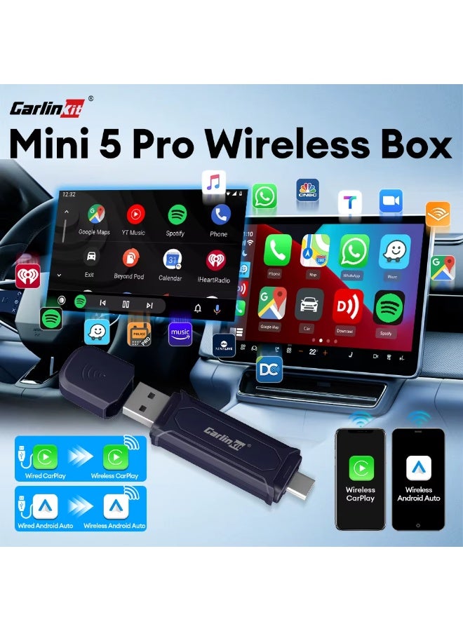 Carlinkit Mini 5 Pro Stick, Wireless Carplay Adapter, For Cars With Built-in Apple Car Play, Convert Wired to Wireless CarPlay, USB-A & USB-C Dual Ports, WiFi Bluetooth Auto Connection OTA Upgrade - Image 2