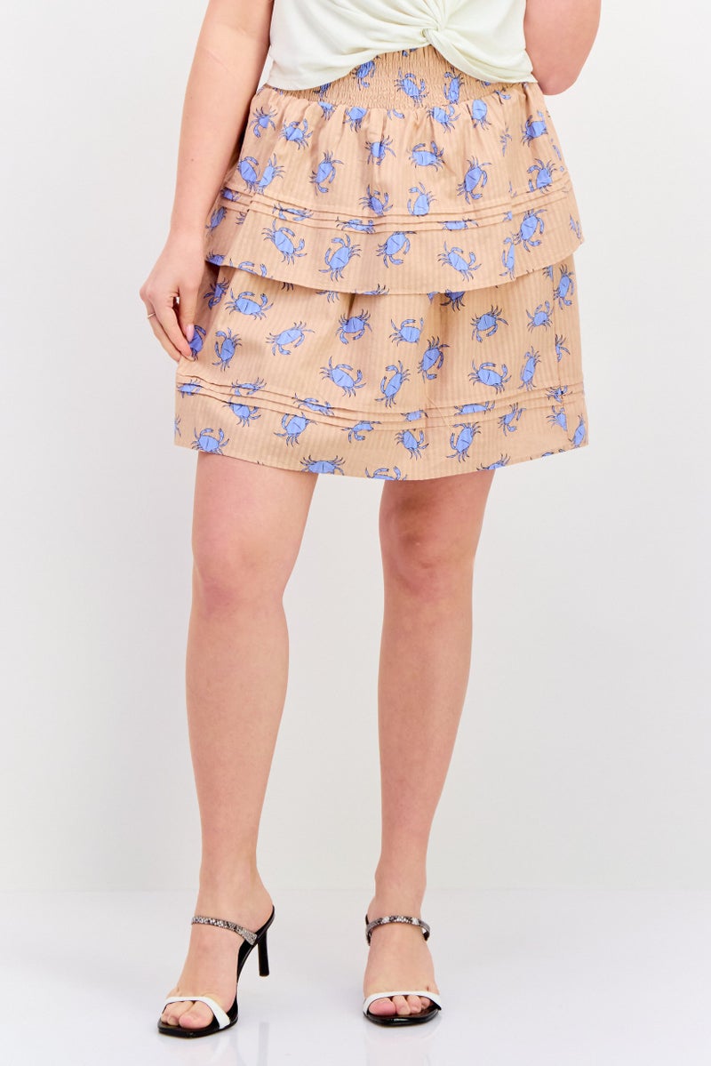 YAS Women Allover Printed Mini Skirt, Sand Brown - Image 1