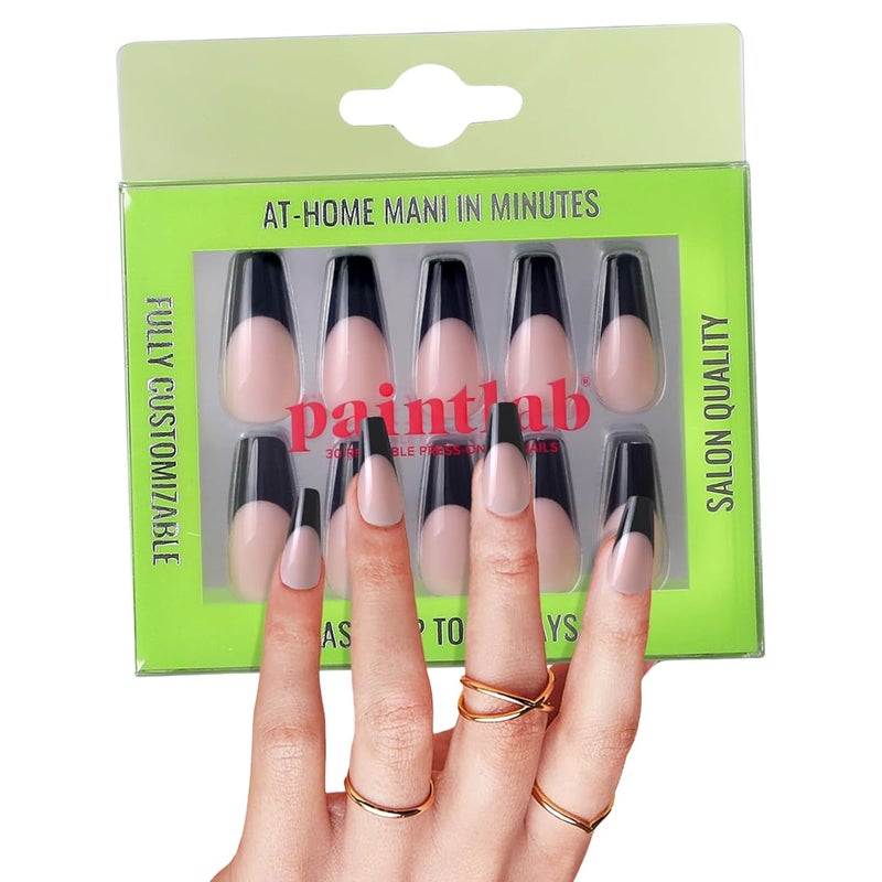 PaintLab Press-On Nails Manicure Kit, Black Swan, 30-Piece Set, Long-Lasting Fake Nails with Glue, File, Prep Pad & Cuticle Stick