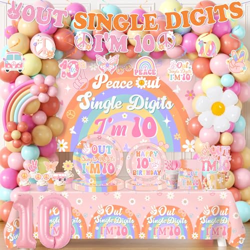 Bezkega 10th Birthday Decorations for Girl288pcs Peace Out Single Digits Party Decor Groovy Double Digits Birthday Girl Plates and Napkin Cups TableclothCake TopperHoneycomb Balloon Kit - Image 1