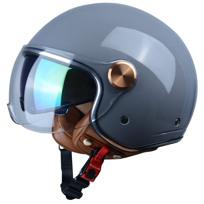 BEON Half 3/4 Face Motorcycle Helmet, DOT Approved, Retro Vintage Style, Dual Visors Men’s and Women’s Motorbike Casco for Moped Cruiser Bobber and Chopper (L, Glossy Grey) - Image 2