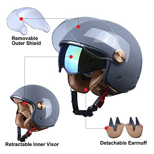 BEON Half 3/4 Face Motorcycle Helmet, DOT Approved, Retro Vintage Style, Dual Visors Men’s and Women’s Motorbike Casco for Moped Cruiser Bobber and Chopper (L, Glossy Grey) - Image 5