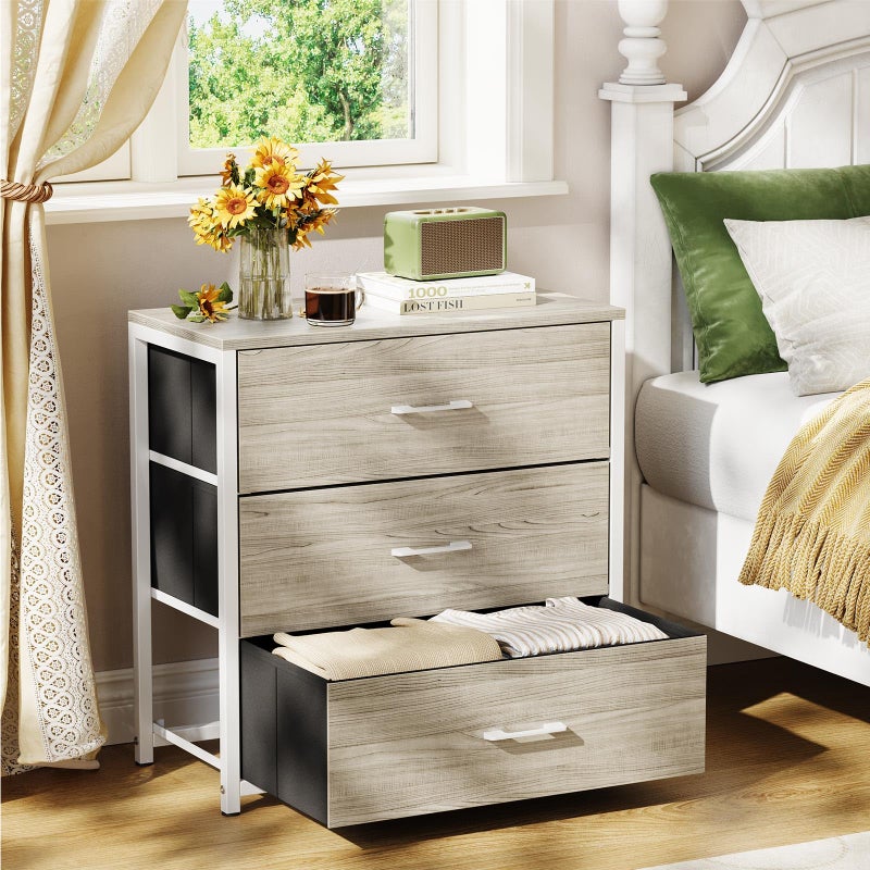 Memobarco Nightstand, End Table, Bedside Table, Tall Fabric Dresser with 3 Drawer, White Drawers Small Chests of Drawers Organizer Storage Tower with Steel Frame, Wooden Top & Front for Bedroom - Image 1
