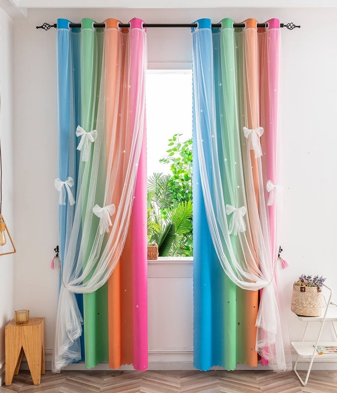 CURTAINS FOR GIRLS BEDROOM KIDS CURTAIN HOLLOWOUT STAR WINDOW NURSERY CURTAIN 84 INCHES LENGTH ROOM DARKENING GROMMET 2 LAYERS FOUR COLORSR W52 X L84