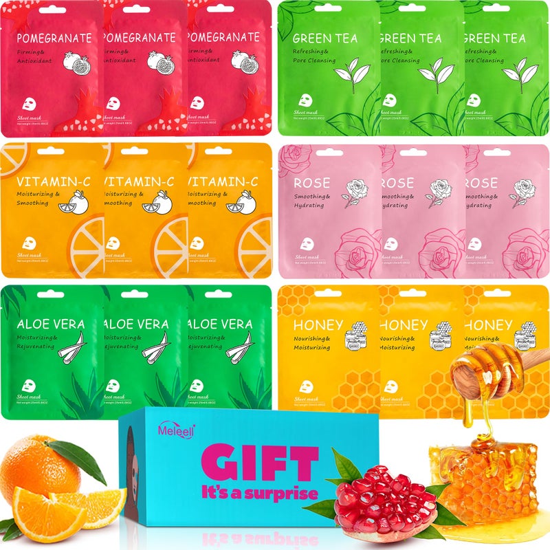 Meleell 18 Pack Collagen Face Masks Skincare Bulk,Hydrating Spa Face Mask Beauty for Sensitive Skin,Sheet Mask for Skin Care, Facial Mask Sets Birthday Party Gifts for Women/Teen Girls/Kids - Image 1