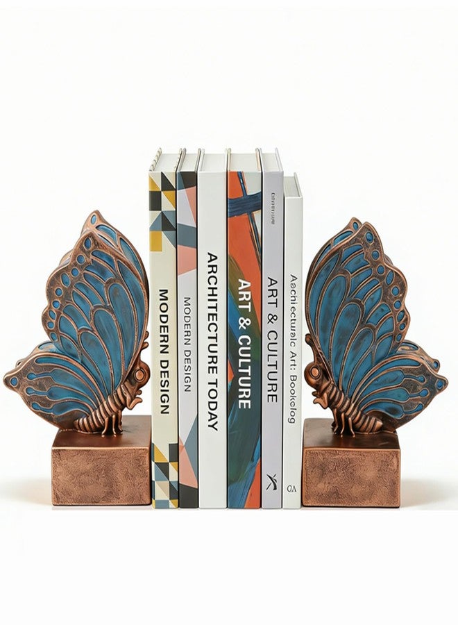 KDSPAROS Vintage Butterfly Bookends-Heavy Duty Decorative Bookends,Resin Book Ends for Shelves,Butterfly Book Stopper Holder Decor for Desk Home Office, Shelf Decoration. (Blue Bronze) - Image 1