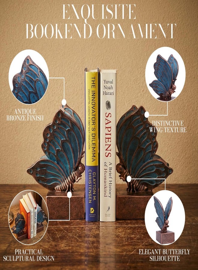 KDSPAROS Vintage Butterfly Bookends-Heavy Duty Decorative Bookends,Resin Book Ends for Shelves,Butterfly Book Stopper Holder Decor for Desk Home Office, Shelf Decoration. (Blue Bronze) - Image 3