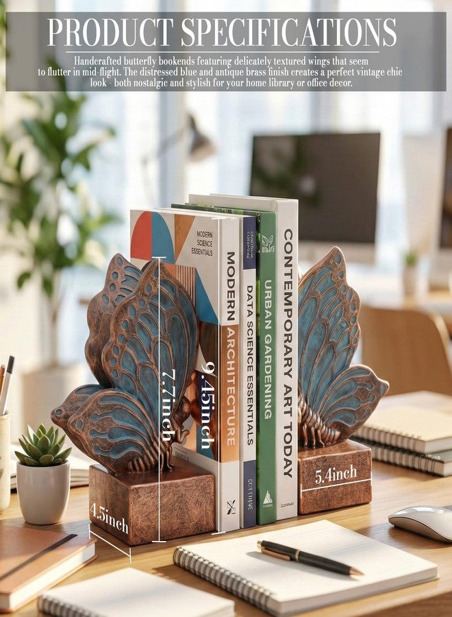 KDSPAROS Vintage Butterfly Bookends-Heavy Duty Decorative Bookends,Resin Book Ends for Shelves,Butterfly Book Stopper Holder Decor for Desk Home Office, Shelf Decoration. (Blue Bronze) - Image 2