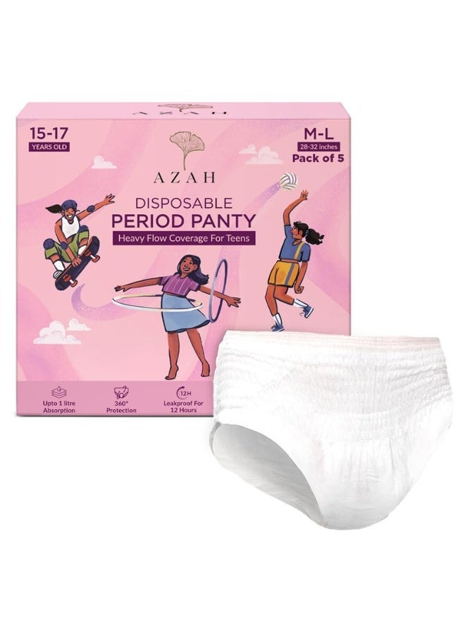 Azah Teen Disposable Period Panty for Girls (M-L for 15–17 Years Old) | Heavy Flow Coverage | 12-Hour Leak Protection | 360° Coverage | Panty-Like Fit | Ideal for School & Overnight Use | Pack of 5 - Image 1
