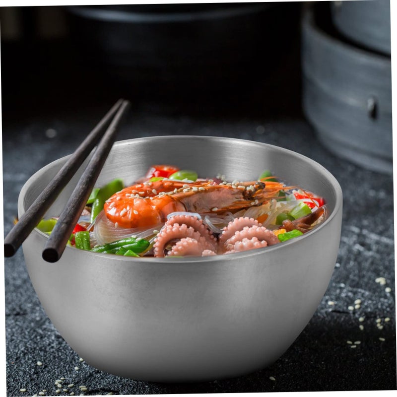 Double Layer Insulated Stainless Steel Bowl 12 5X12 5X6CM Silver Noodle Rice Bowl - Image 4