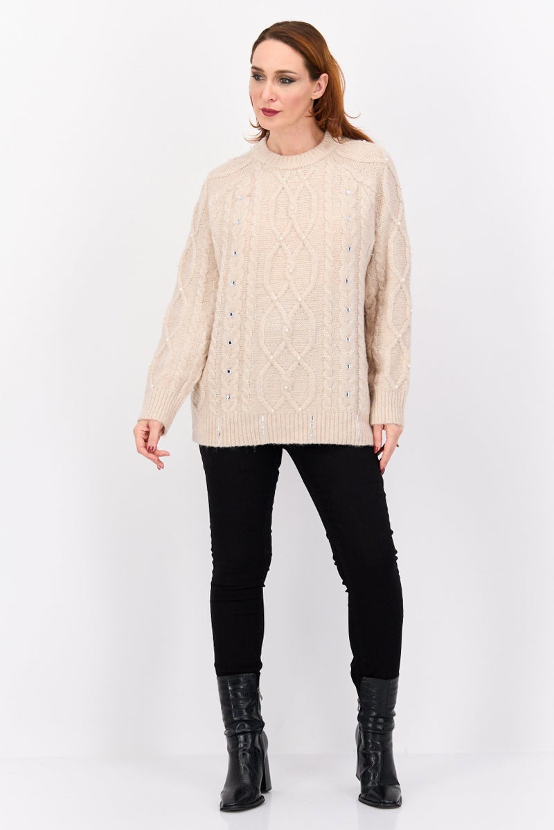 Women Crew Neck Long Sleeve Textured Sweater, Beige