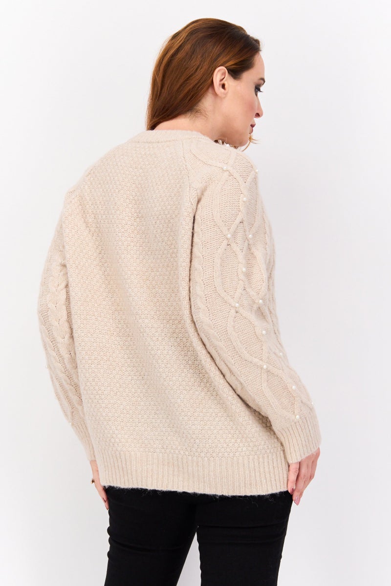 Women Crew Neck Long Sleeve Textured Sweater, Beige