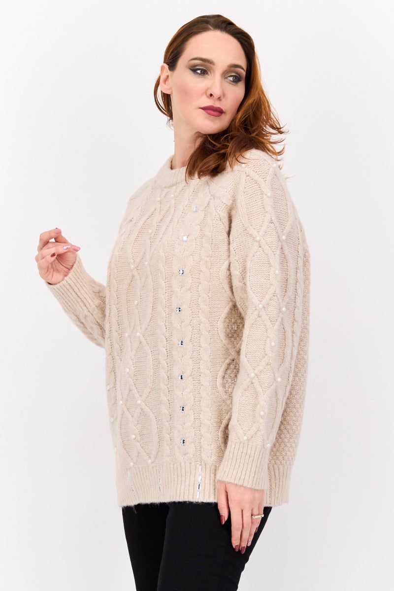 Women Crew Neck Long Sleeve Textured Sweater, Beige