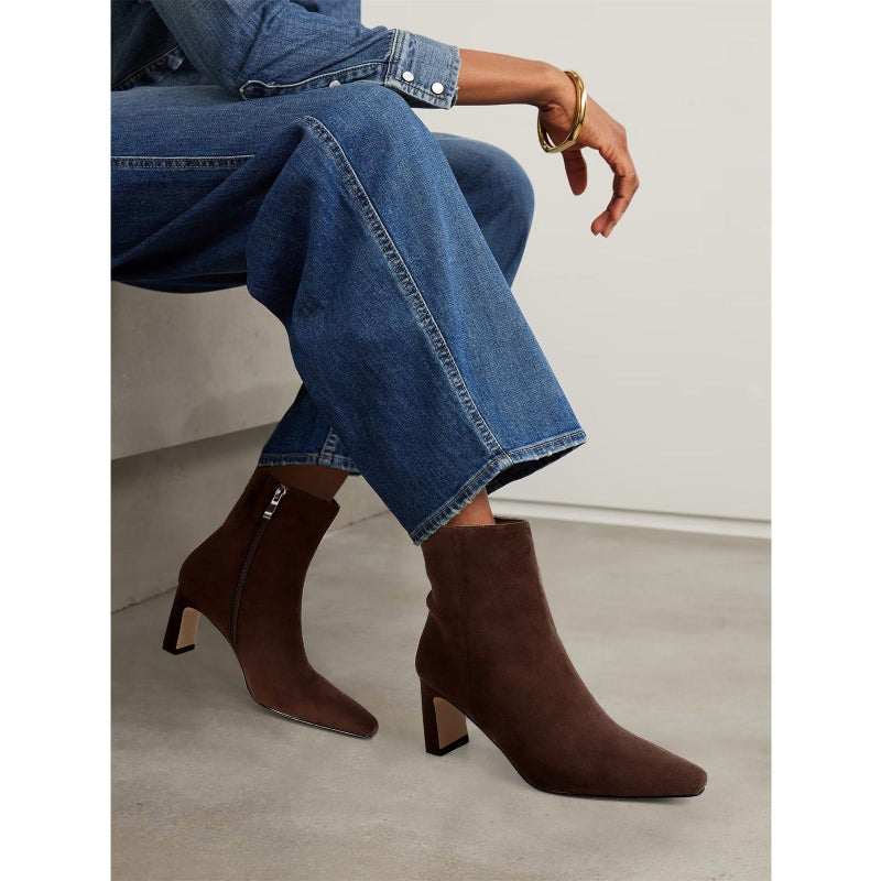 MICIFA Women's Ankle Boots Chunky Low Heel Suede Brown Booties with Side Zipper Square Toe Fall Winter Dress Heeled Short Boots Suede Brown - Image 2