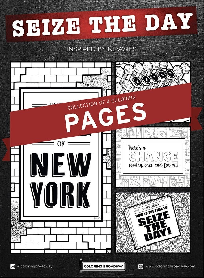 Coloring Broadway - Newsies Inspired Coloring Pages (Set of 4) “Seize The Day” Collection, Broadway Musical Merchandise, Printed on Matte Card Stock (8 1/2” x 11”), Ideal Gift for a Broadway Lover - Image 1