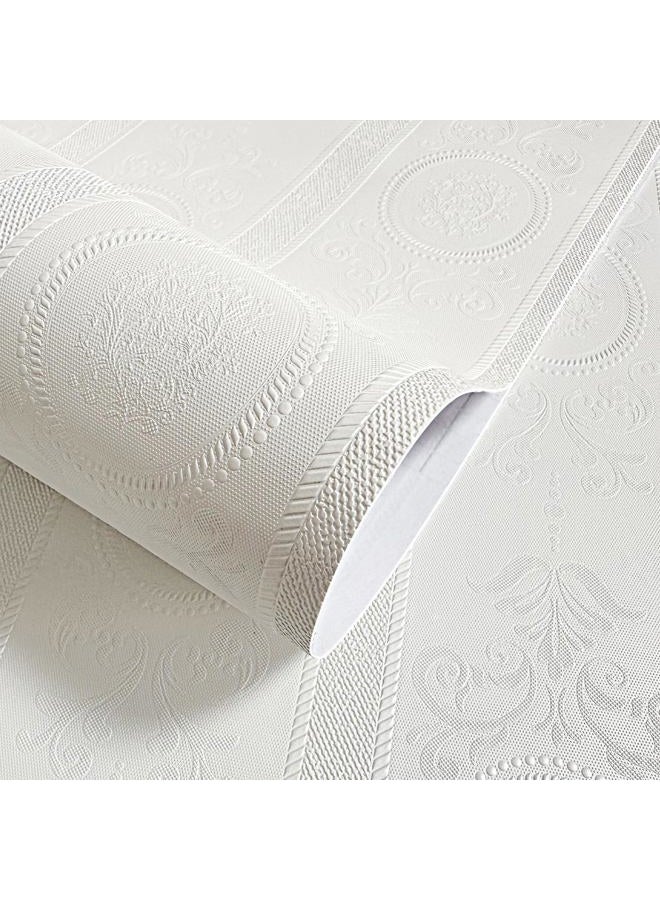 JiffDiff 3D Peel and Stick Wallpaper White Embossed Damask Textured Floral Geometric Contact Paper 17.3" x 400" Waterproof European Style Flower Wallpaper - Image 1