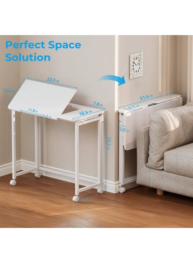 GreenForest Folding Desk with Adjustable Tiltable Desktop 0-90°, 31.5 inch Small Desk with Wheels, Rolling Drafting Table for Laptop, Reading, Writing, Drawing, Work, White - Image 2