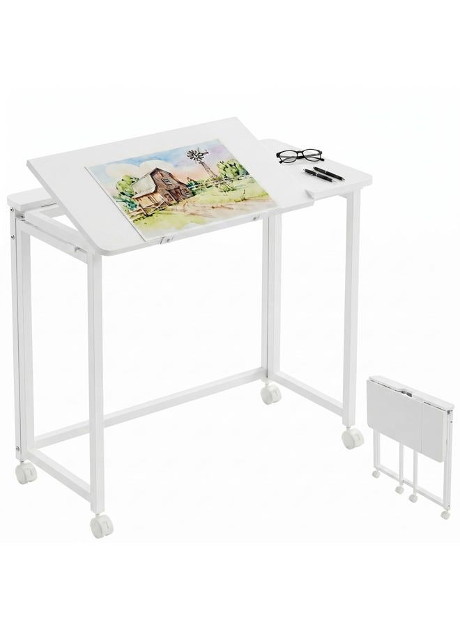 GreenForest Folding Desk with Adjustable Tiltable Desktop 0-90°, 31.5 inch Small Desk with Wheels, Rolling Drafting Table for Laptop, Reading, Writing, Drawing, Work, White - Image 1