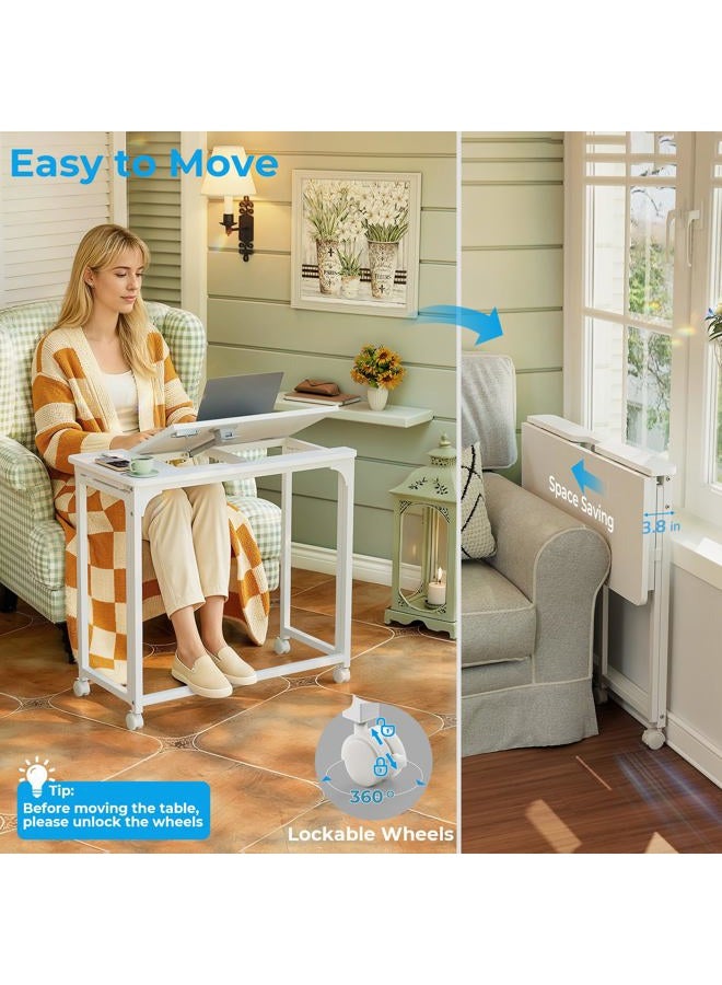 GreenForest Folding Desk with Adjustable Tiltable Desktop 0-90°, 31.5 inch Small Desk with Wheels, Rolling Drafting Table for Laptop, Reading, Writing, Drawing, Work, White - Image 4