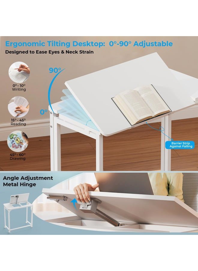 GreenForest Folding Desk with Adjustable Tiltable Desktop 0-90°, 31.5 inch Small Desk with Wheels, Rolling Drafting Table for Laptop, Reading, Writing, Drawing, Work, White - Image 3