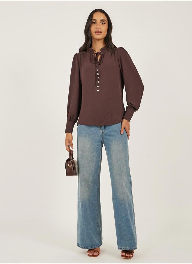 Styli - Ruffled Tie-Up Neck Balloon Sleeve Top - Image 1