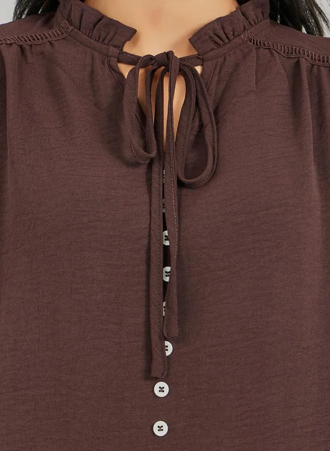 Styli Ruffled Tie-Up Neck Balloon Sleeve Top