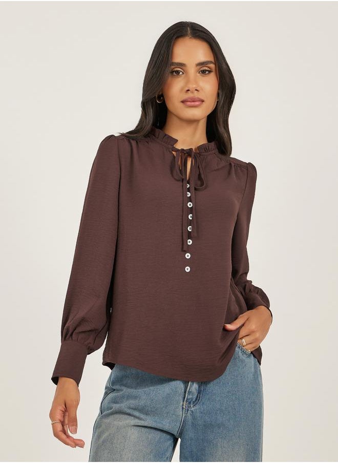 Styli - Ruffled Tie-Up Neck Balloon Sleeve Top - Image 1