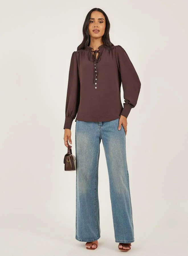 Styli Ruffled Tie-Up Neck Balloon Sleeve Top