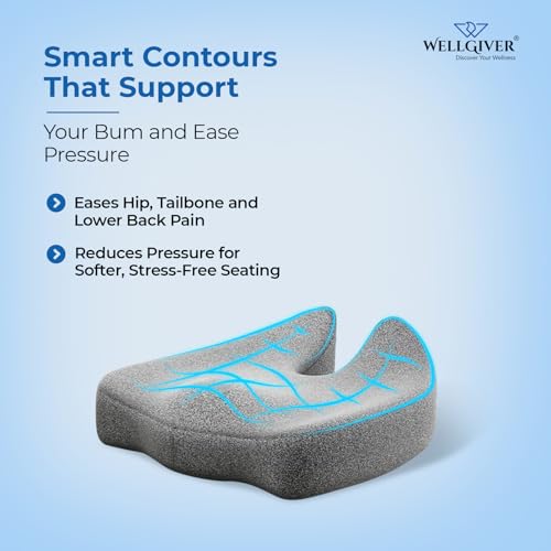 WELLGIVER Ultimate Pro Memory Foam Seat Cushion for Hip, Tailbone & Sciatica Pain Relief | Ergonomic Contoured Design | Pure Memory Foam Support for Office, Home & Car Chairs | Up to 100 Kg Capacity - Image 2