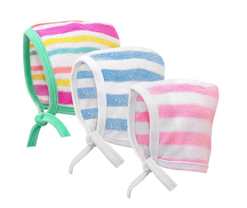 BUMSIES Washable Reusable Soft Cotton Printed Cap with Tie Knot for New Born Baby Boy & Girl/Topa Set - Pack of 3 - (0-3 Months) Multicolour - Image 1