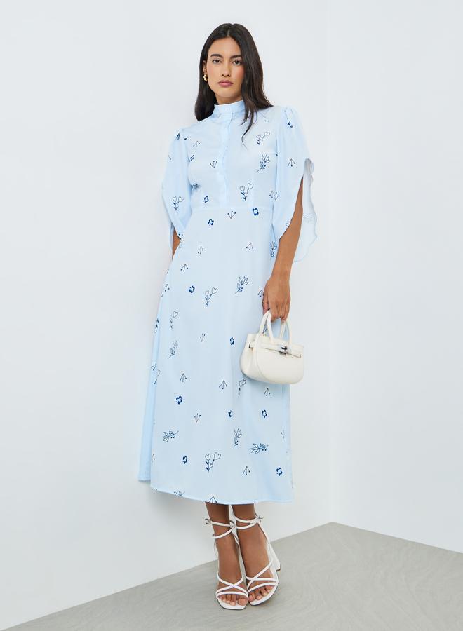 Blue Floral Print Buttoned A-Line Midi Dress