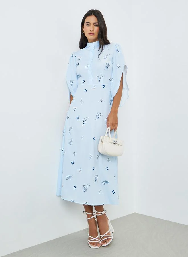 ستايلي Blue Floral Print Buttoned A-Line Midi Dress