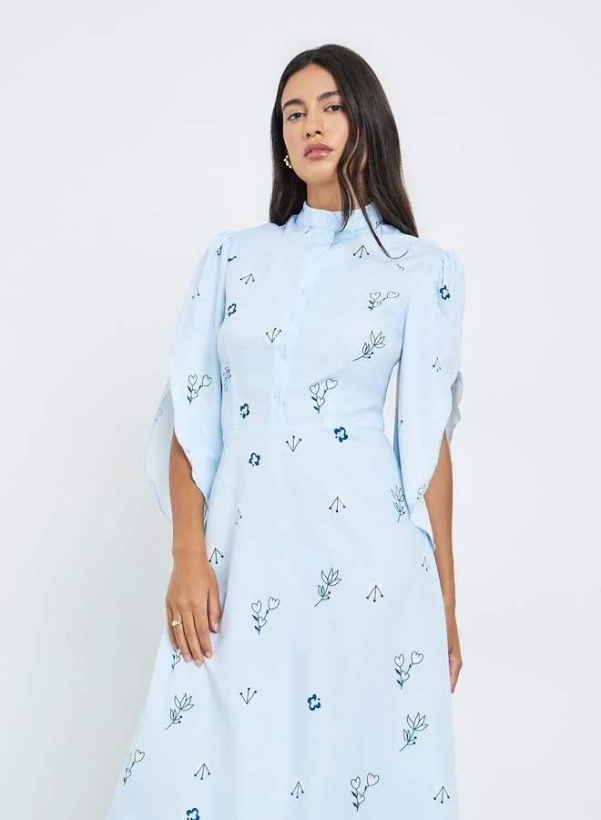 ستايلي Blue Floral Print Buttoned A-Line Midi Dress