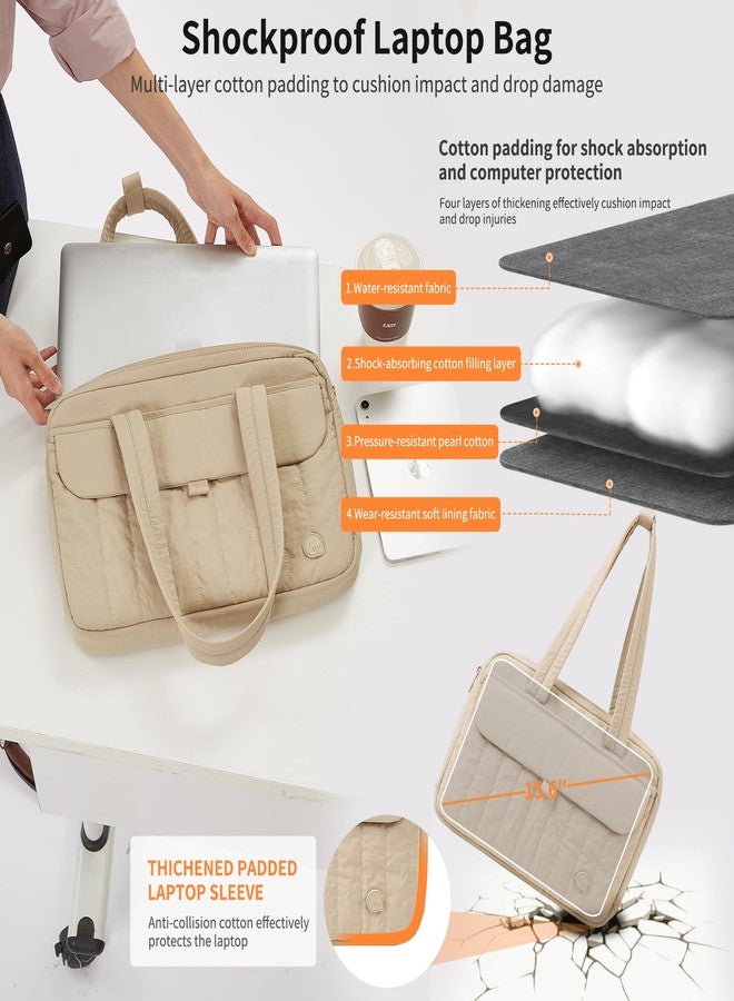 aji Laptop Tote Bag for Women, Water-Resistant 15.6 Inch Laptop Tote Bag with Zipper&Multi Pockets, Lightweight Casual Shoulder Bag with Luggage Trolley Strap for Work/Travel/College/Daily, Apricot - Image 3