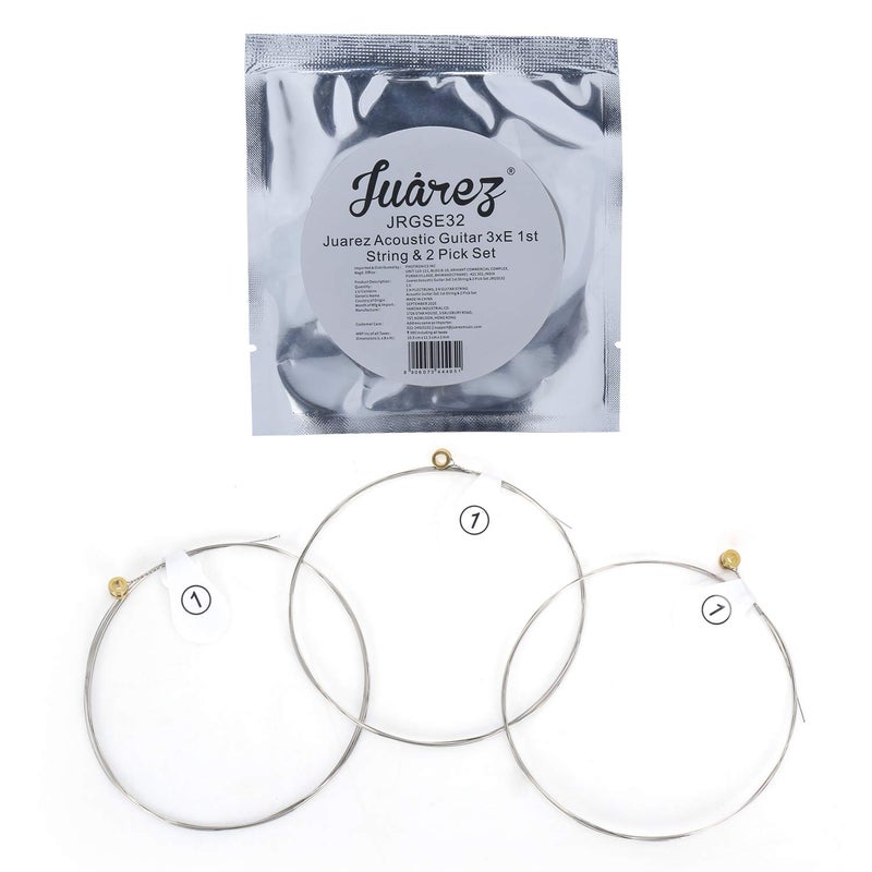 Juarez Acoustic Guitar 3xE 1st String & 2 Pick Set – Replacement High E 1st Steel Strings with 2 Designer Picks for Acoustic Guitars - Image 4