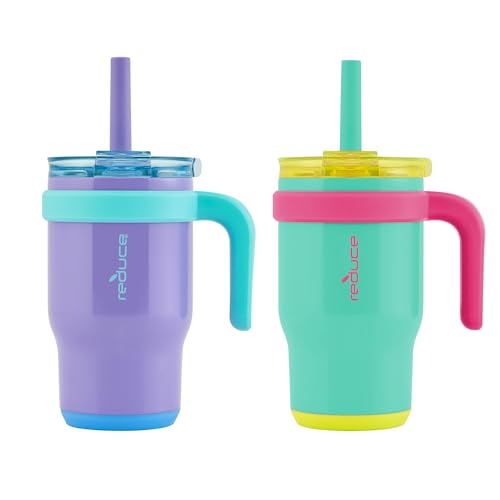 REDUCE 14 oz Coldee Tumbler with Handle for Kids 2 Pack Leakproof Insulated Stainless Steel Mug with Lid SpillProof Straw Keeps Drinks Cold up to 18 Hrs Purple and Teal